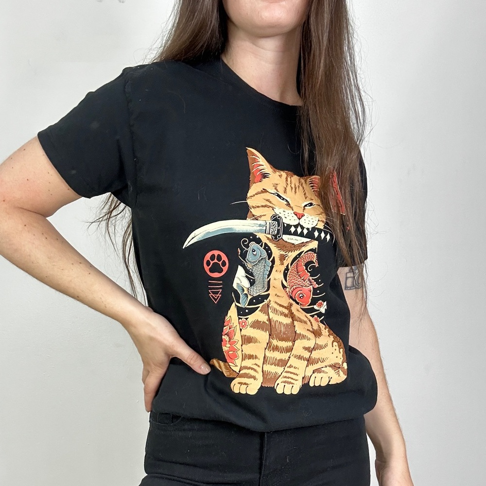 *Pampling Unisex T Shirt Casual Short Sleeve Samurai Cat Print Anime Tshirt
